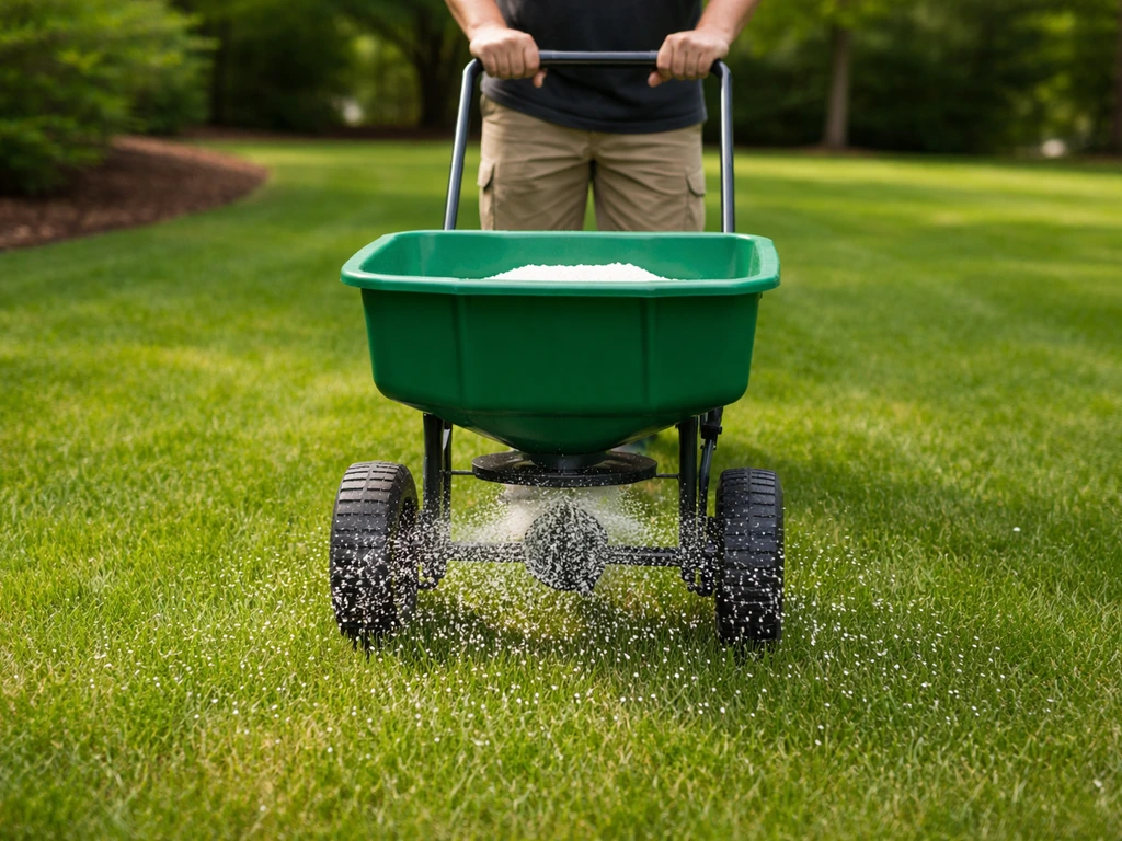 Pelletized lime being spread evenly across an established green lawn with a walk-behind spreader