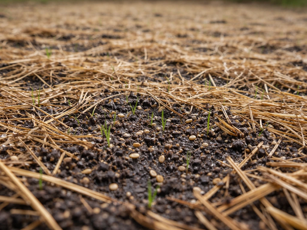 Close-up of a grass seedbed with thin mulch layer over soil, showing moisture-ready conditions