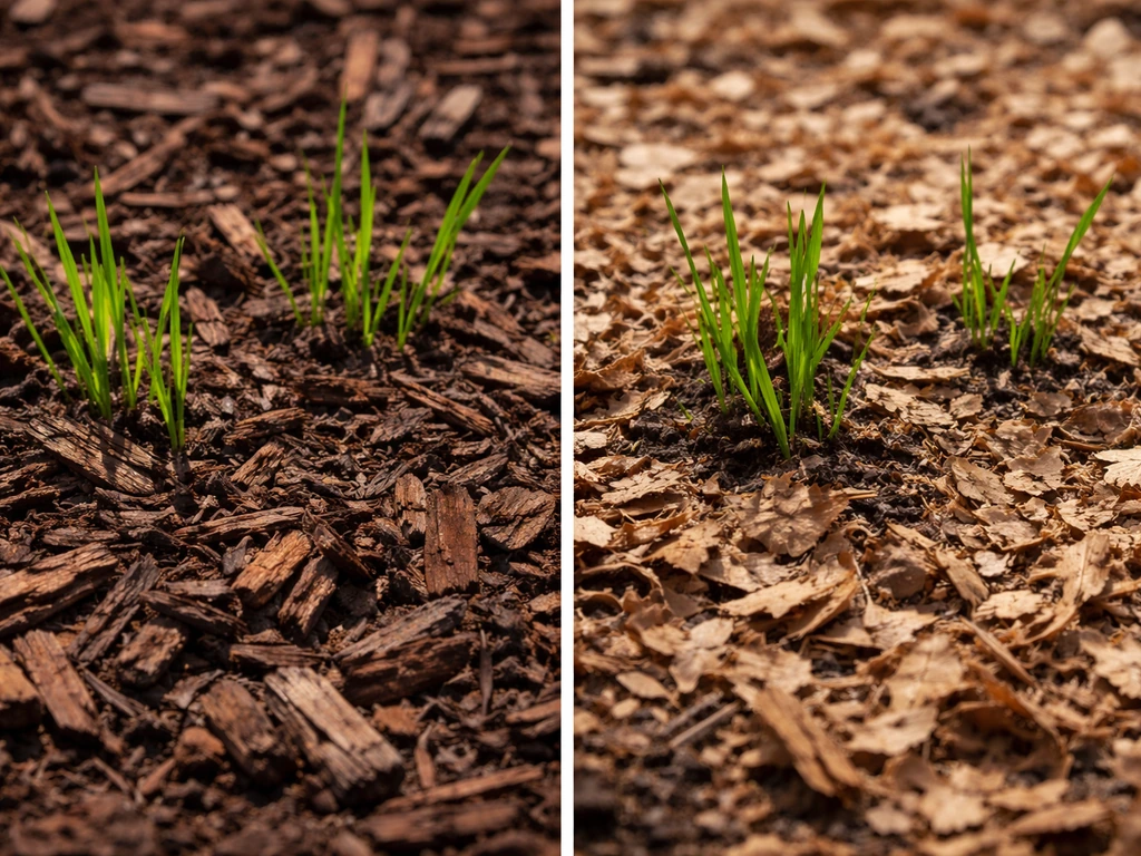 Side-by-side soil showing wood-chip mulch on one side and shredded leaf mulch on the other with grass.