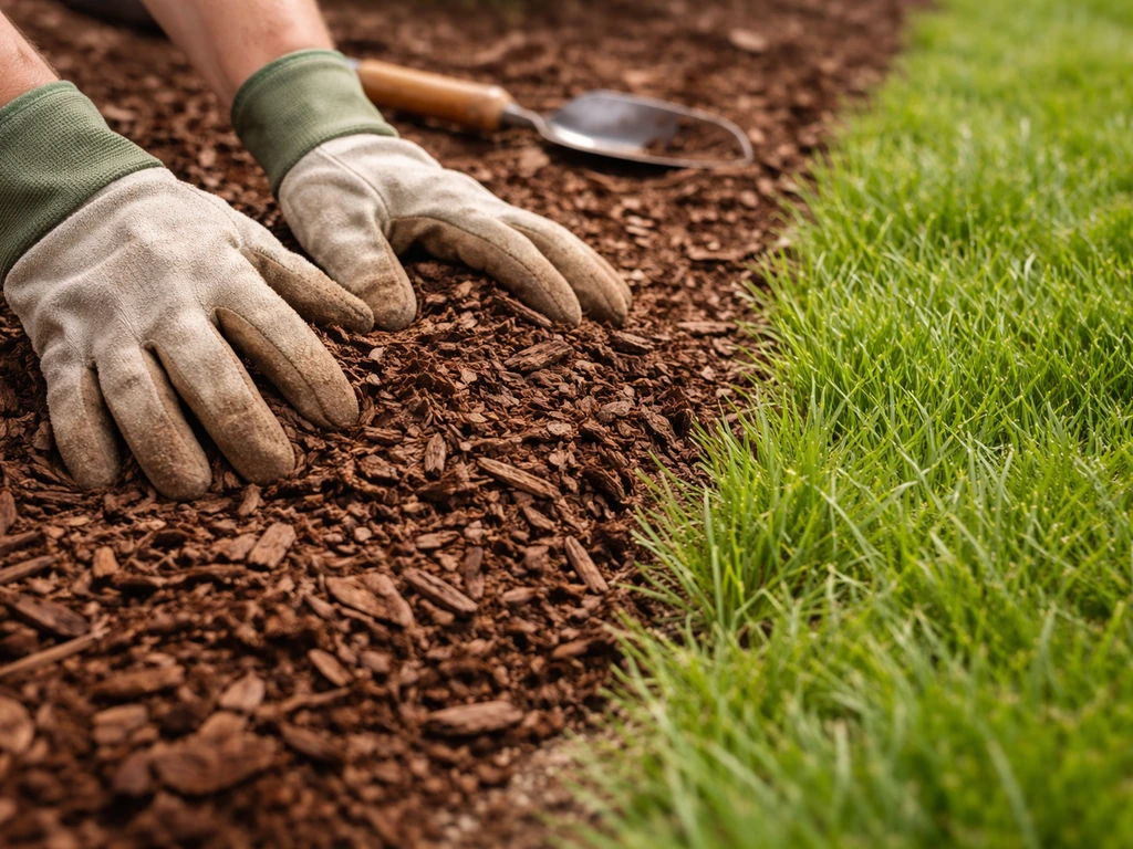 Hand spreading organic mulch around living grass, mulch kept shallow with visible grass crowns.
