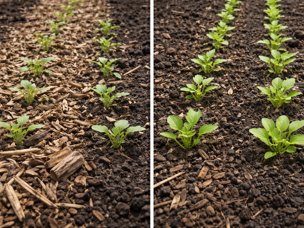 Split photo of seedbeds: fresh wood mulch near soil shows pale, slow seedlings vs greener growth with reduced mulch cont
