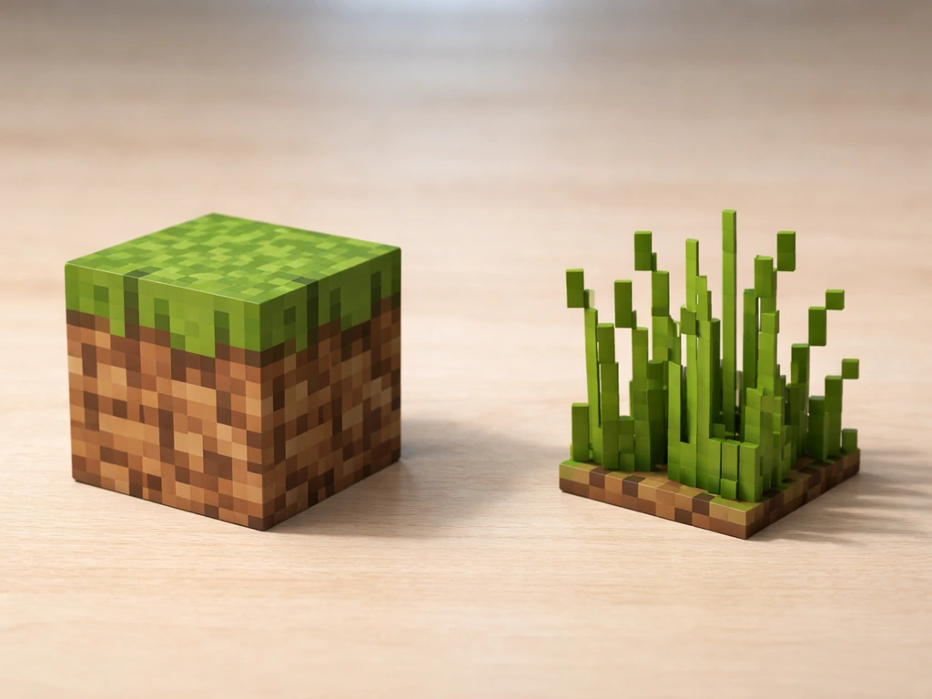 Side-by-side closeups of a grass block and tall grass plants, showing the visual difference in Minecraft.