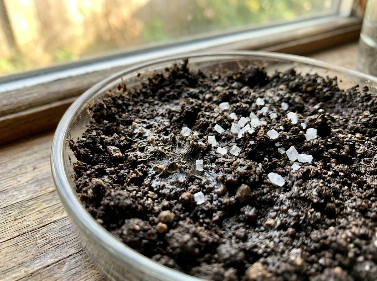 Sugar granules on soil with active-looking microbial film under magnification