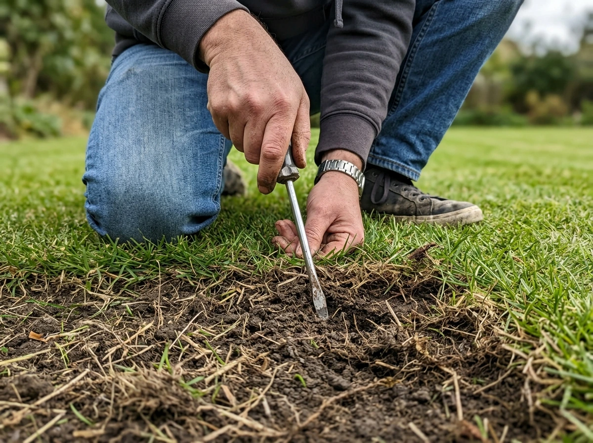Screwdriver test on compacted soil beneath trimmed turf