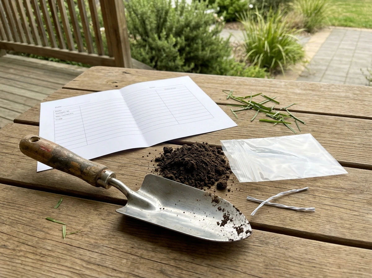 Soil test kit and soil sample bag ready for lab results