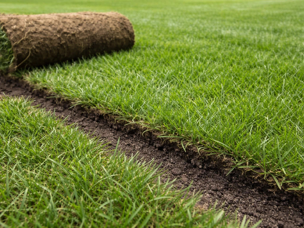 Fresh rolls of sod laid directly over an existing grass lawn edge where the layers meet.