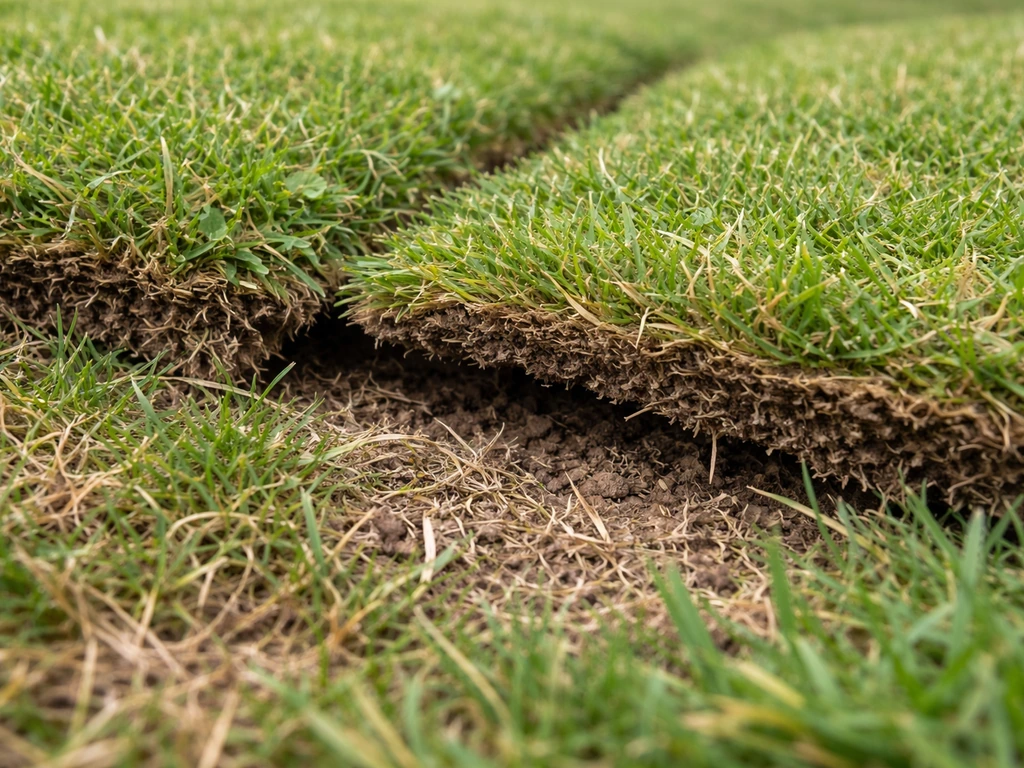 Close-up lawn with thatch and improperly placed sod showing poor contact and compressed grass.