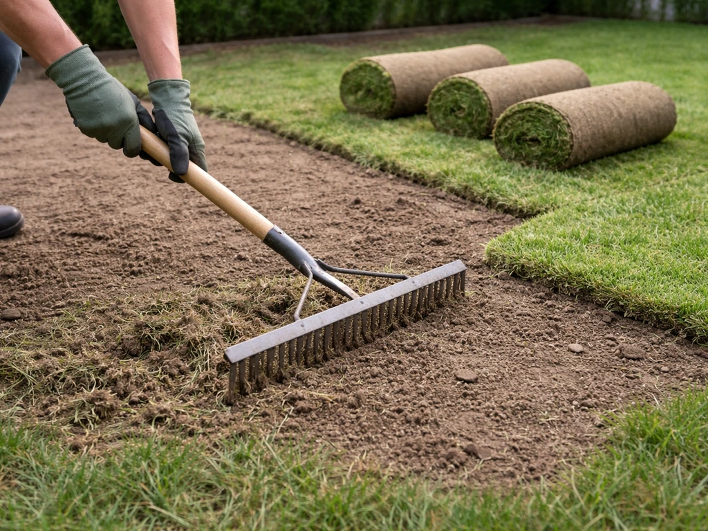Homeowner raking and leveling grass before laying sod sheets in a quiet backyard