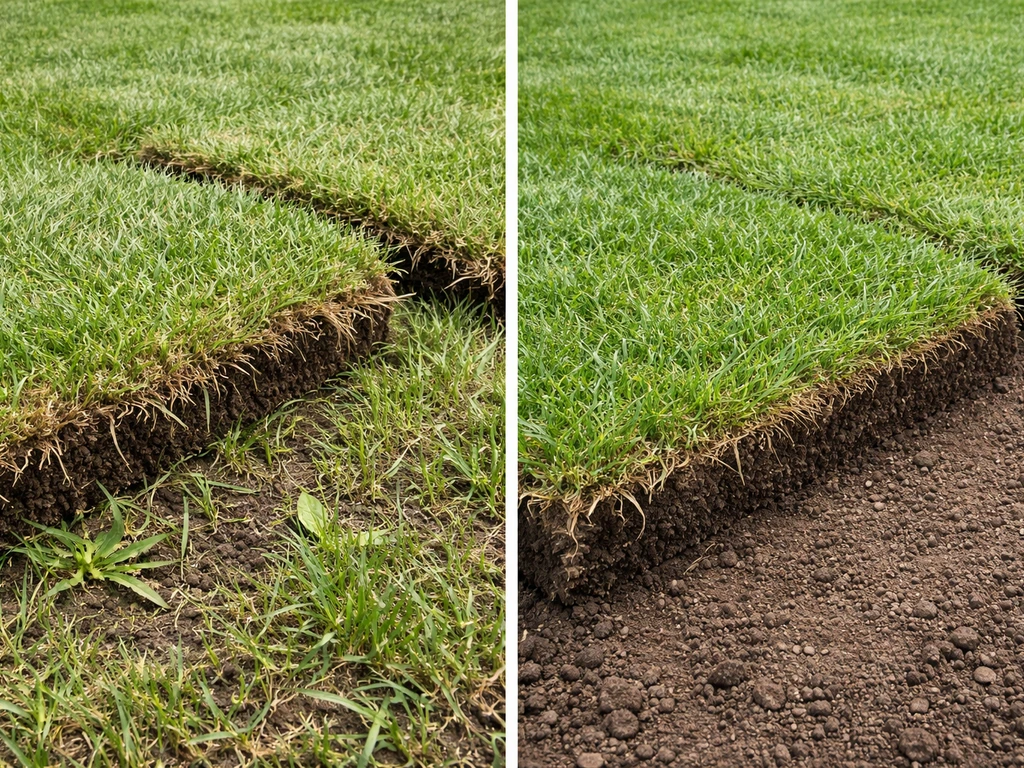 Split view showing sod laid on existing grass versus sod on properly removed soil, emphasizing root contact