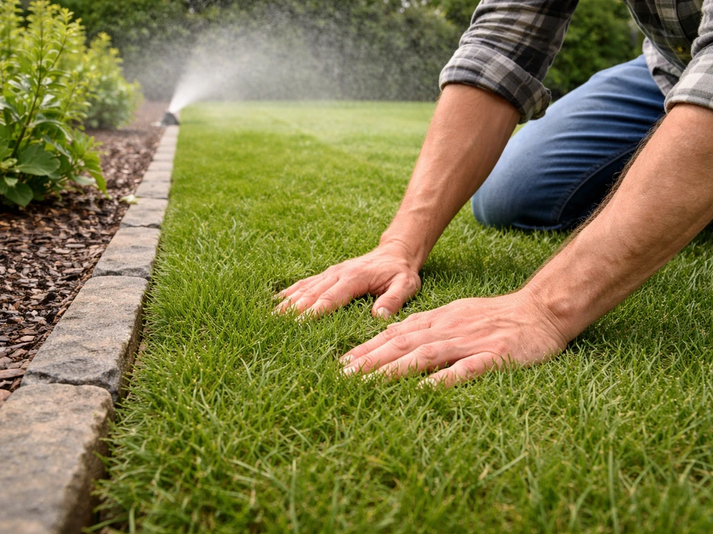 Hands checking newly installed sod moisture while a sprinkler waters the fresh grass in a backyard.