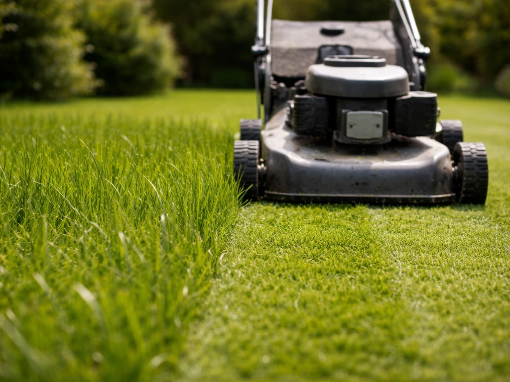 Tondeuse réglée sur une pelouse, brins d’herbe visibles, hauteur de coupe adaptée au piétinement.