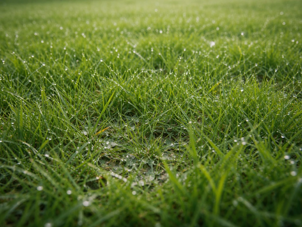 Gazon humide avec rosée, brins d’herbe visibles avant la tonte, traces d’eau et texture naturelle.
