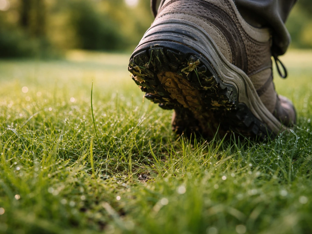Chaussure qui s’enfonce dans une pelouse humide, illustrant un test du pied avant de tondre