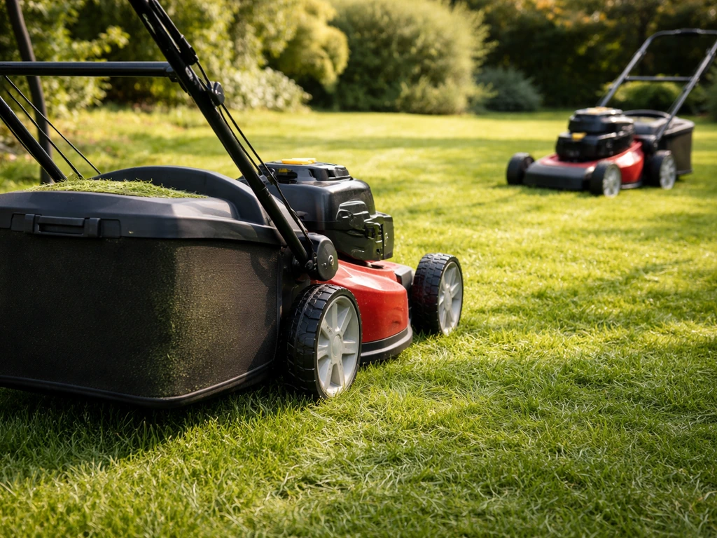 Tondeuse avec bac de collecte à gauche et zone mulching sans bac à droite, herbe coupée au sol