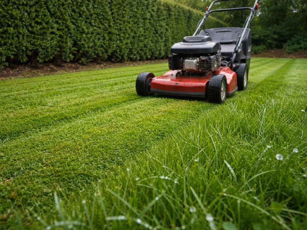 Tonte sur gazon humide, tondeuse à gazon en action avec trajectoires distinctes et herbe coupée net.