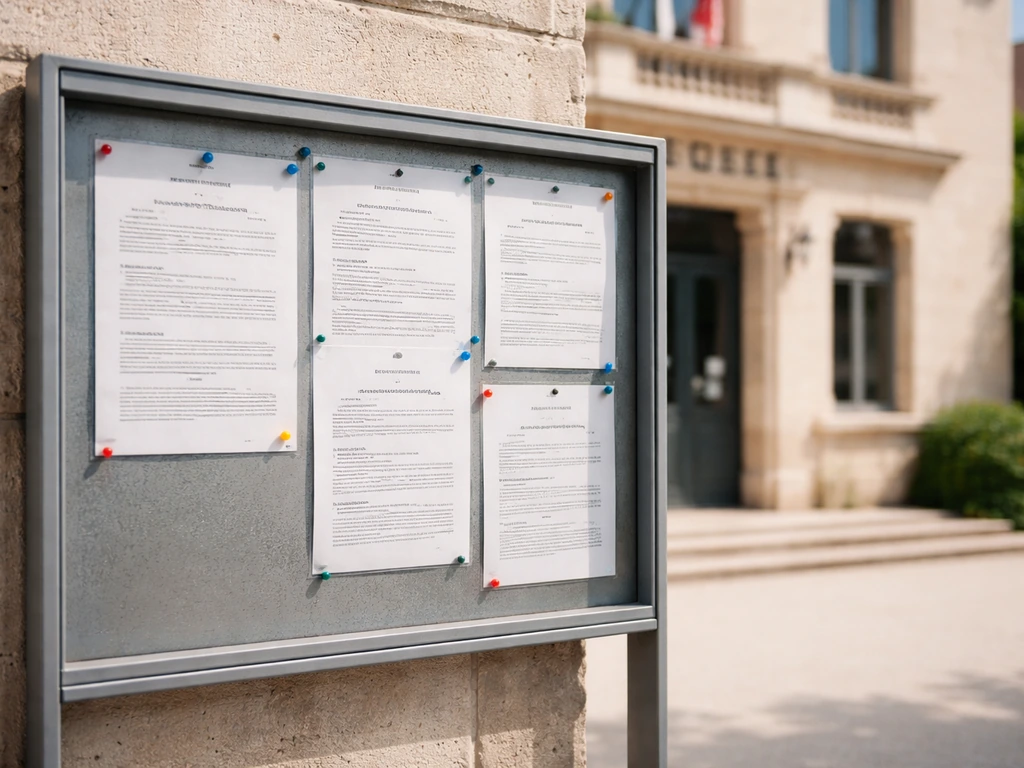 Panneau municipal flou mais lisible de loin indiquant des horaires, devant une mairie, pour illustrer les règles locales