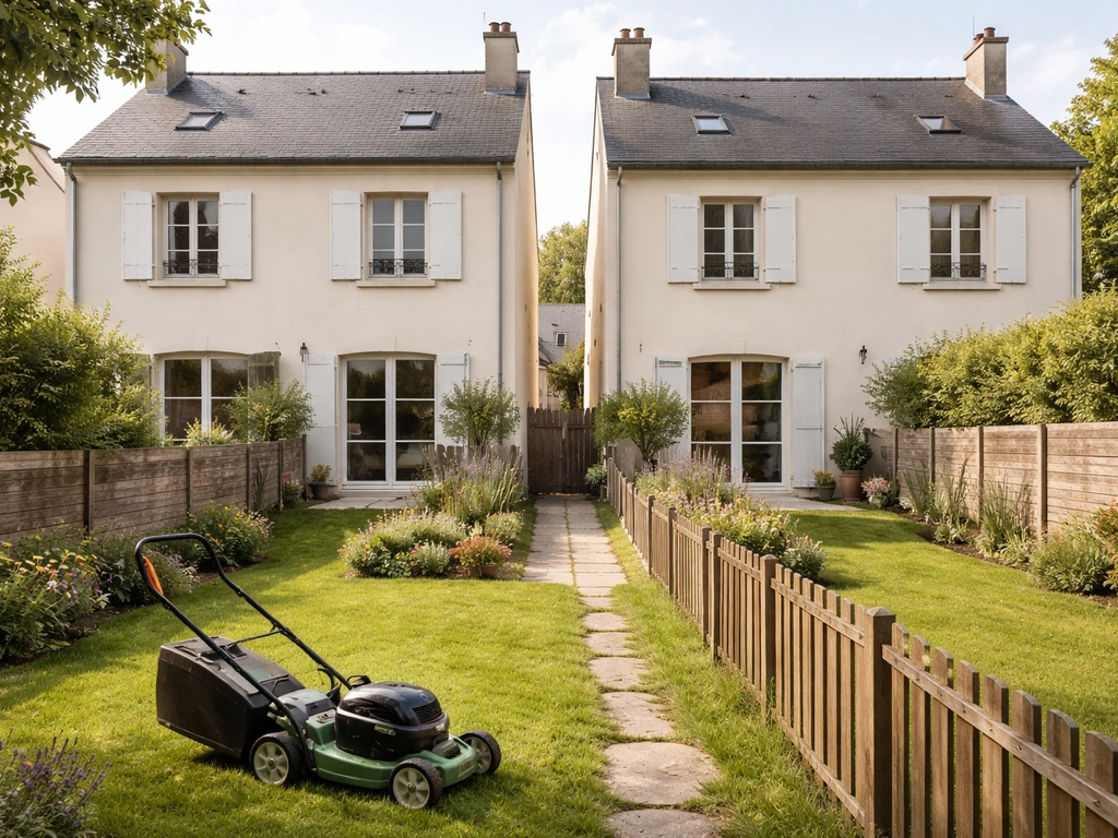 Tondeuse prête dans un jardin étroit entre deux maisons mitoyennes, ambiance résidentielle calme.