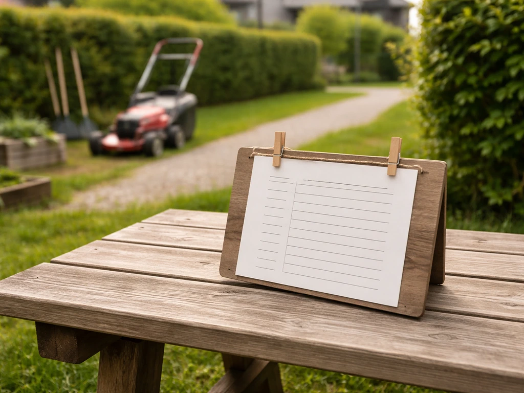 Table de jardin avec papier de planning de tonte et tondeuse floue en arrière-plan dans un jardin partagé.