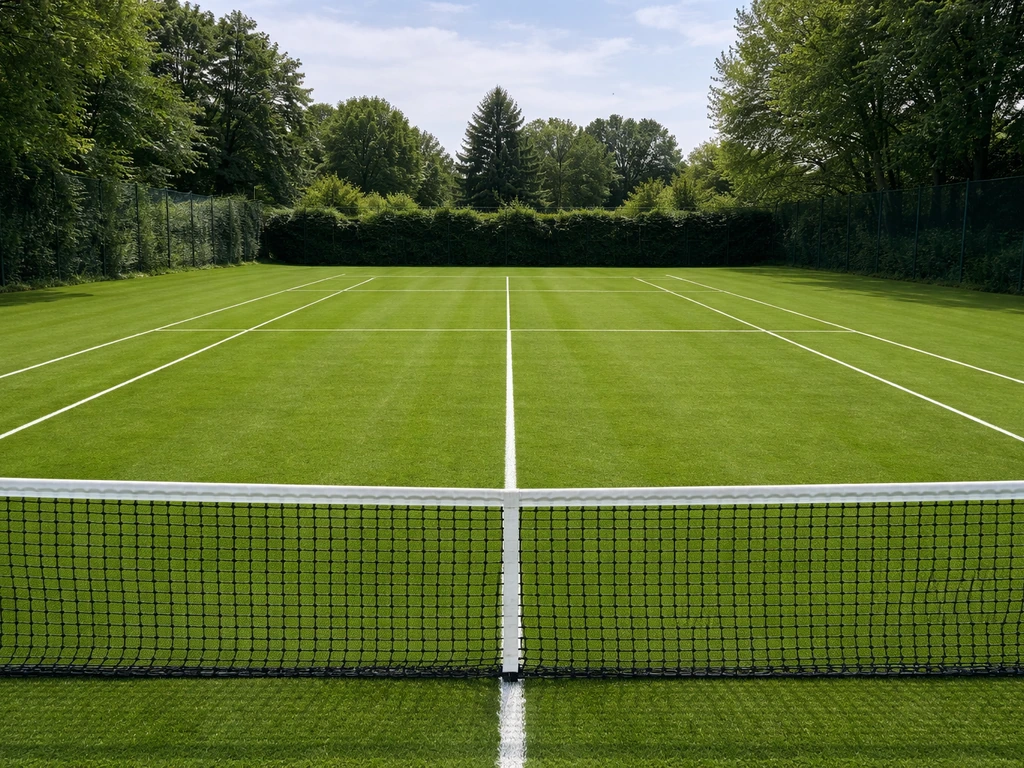 Terrain de tennis en gazon vert, lignes nettes, vue à hauteur de jeu, filet visible.