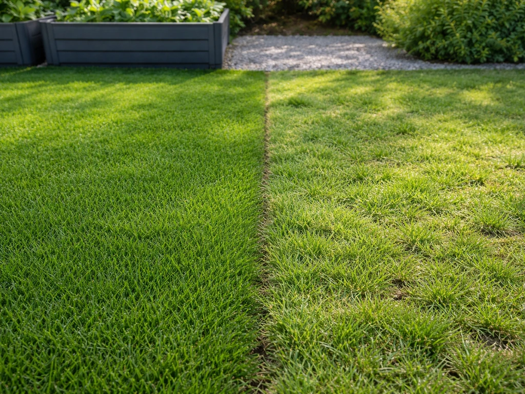 Deux zones de gazon côte à côte : ray-grass dense pour tennis et gazon d’agrément plus clairsemé, bacs en arrière-plan.