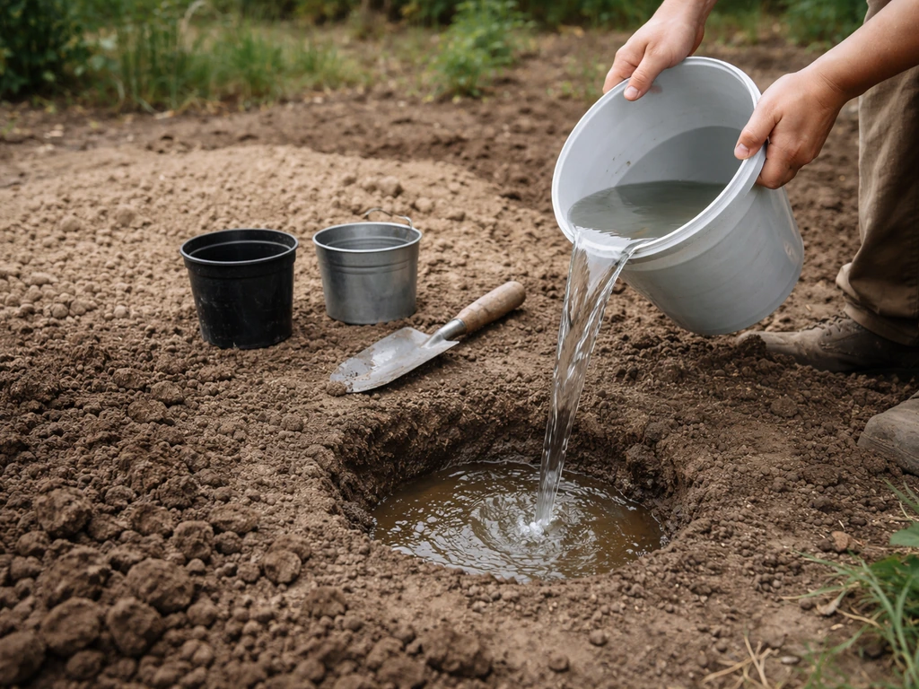 Un seau d’eau versé dans un trou de test au sol, eau s’infiltrant lentement, ambiance jardin minimaliste.