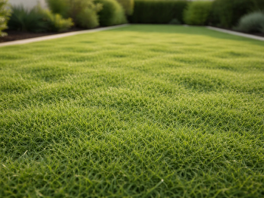 Gazon des Mascareignes dense et moutonné, texture fine et régulière, dans un jardin au naturel.