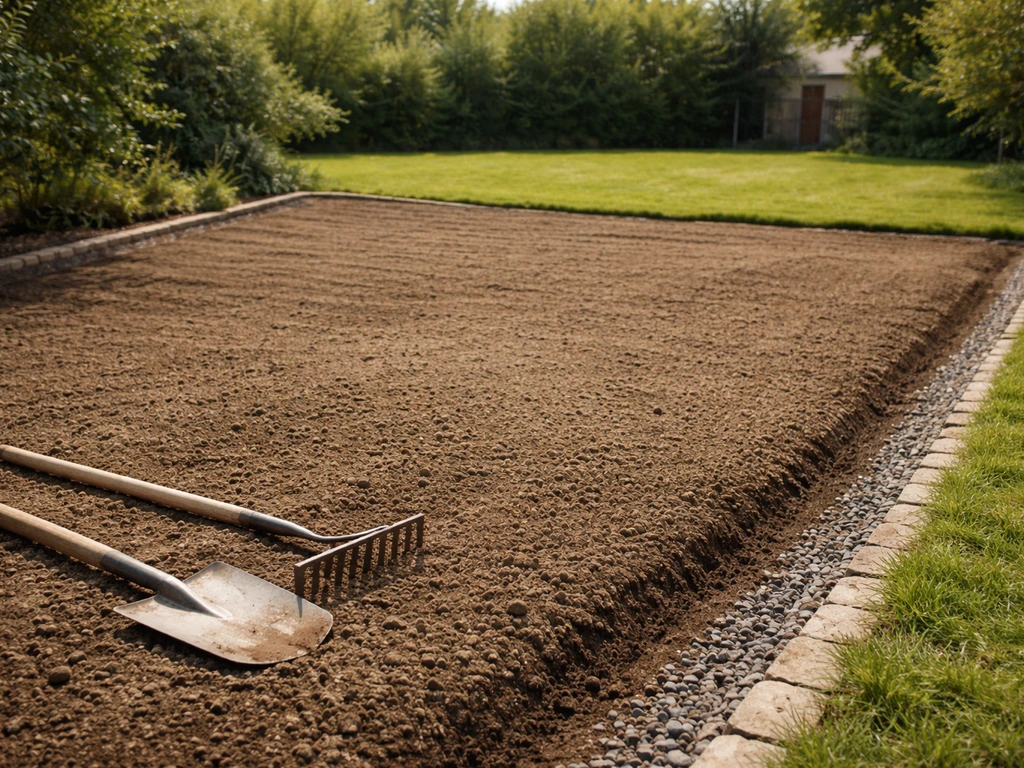Terrain ameubli et nivelé avec rigole légère pour le drainage, prêt pour la pose de plaques de gazon.