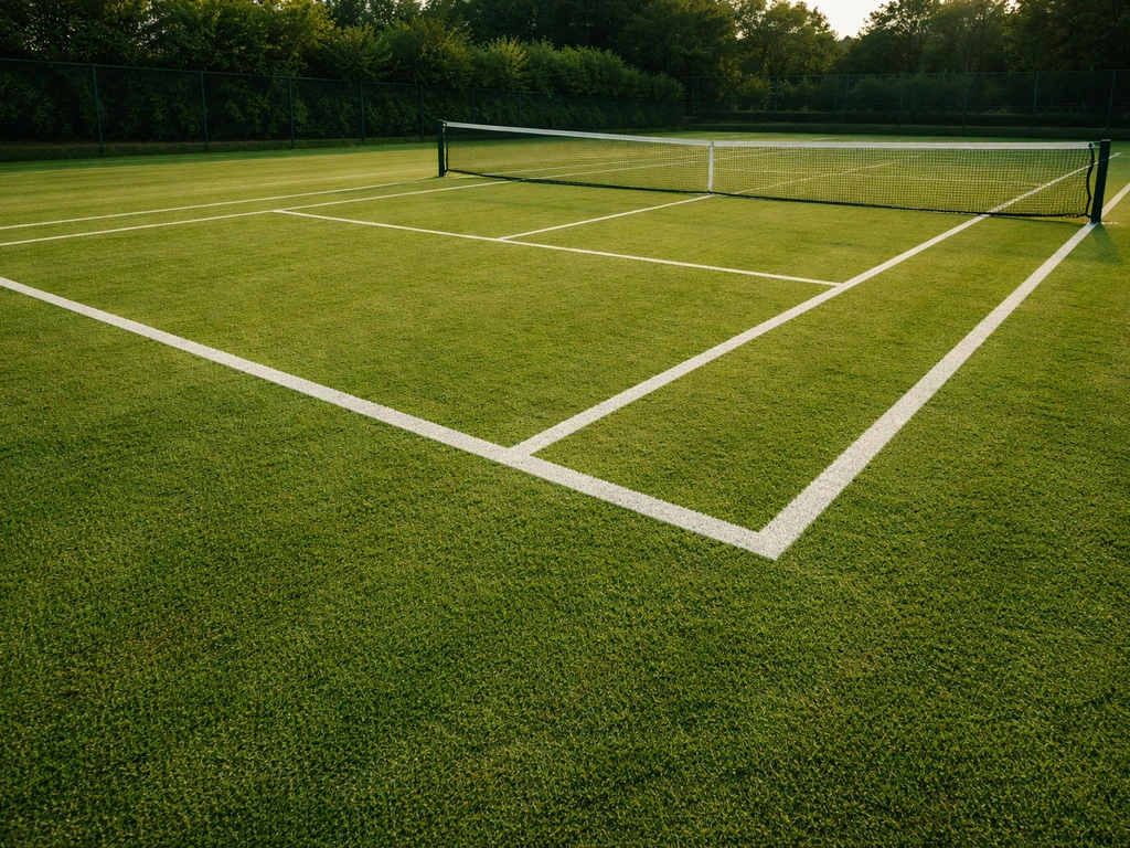 Court de tennis en gazon ras, lignes blanches nettes, ambiance Wimbledon pour un jeu rapide