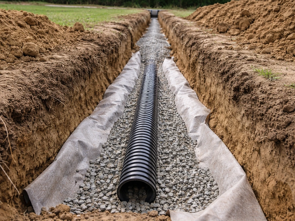 Chantier de drainage pour terrain de tennis : tuyau perforé, remblai et couches au sol