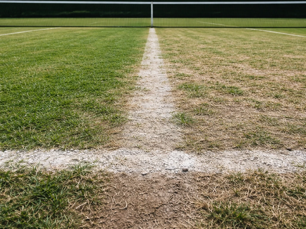 Court de tennis en gazon : zones nues et usure près des lignes de fond et du filet, contraste de densité.