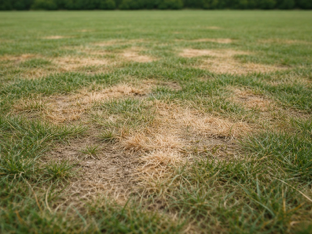 Gazon avec zones beige-orangé irrégulières, herbe clairsemée suggérant une maladie fongique.