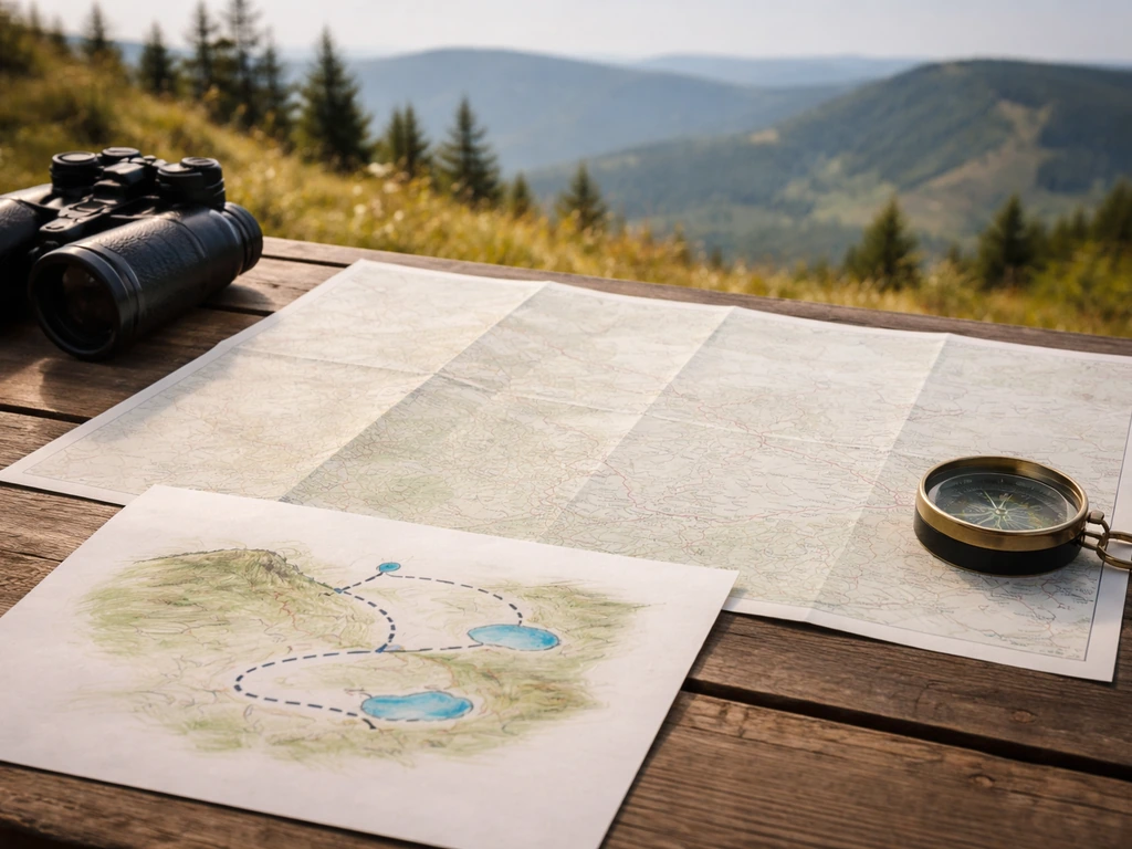 Carte papier sur table avec boussole, repères visuels reliant Gazon du Faing à trois lacs vosgiens, sans texte.