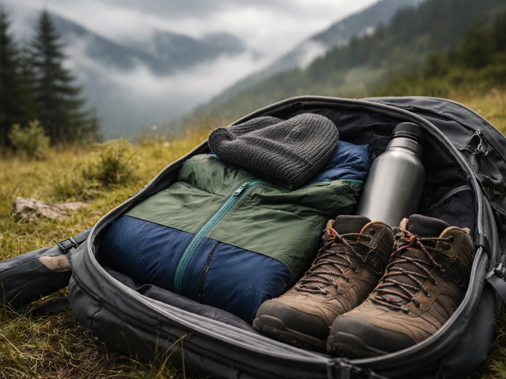Sac et chaussures de randonnée avec veste imperméable, ciel nuageux et brouillard des Vosges en arrière-plan.