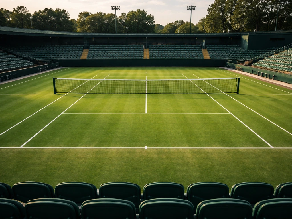 Court de tennis sur gazon de Wimbledon, herbe verte et lignes blanches, vue depuis les gradins, sans joueurs.