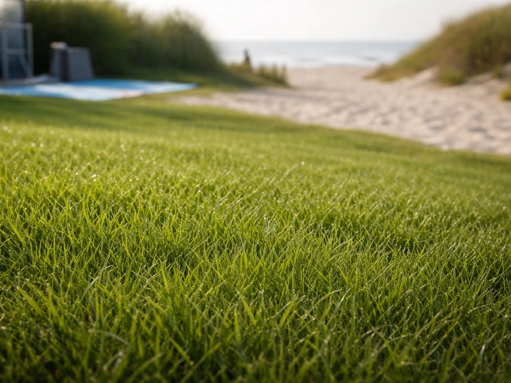 Pelouse vert dense dans un camping à Fort-Mahon-Plage, sable et ambiance estivale en arrière-plan.