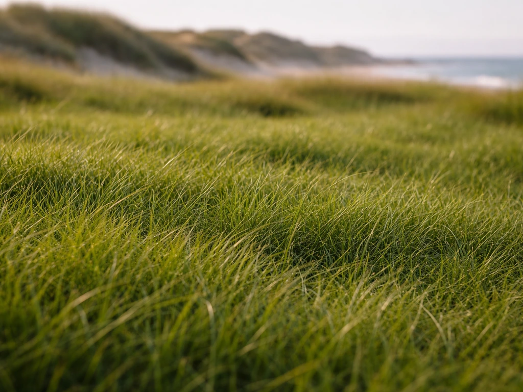 Pelouse côtière dense avec graminées, en arrière-plan dunes et relief littoral par temps ensoleillé