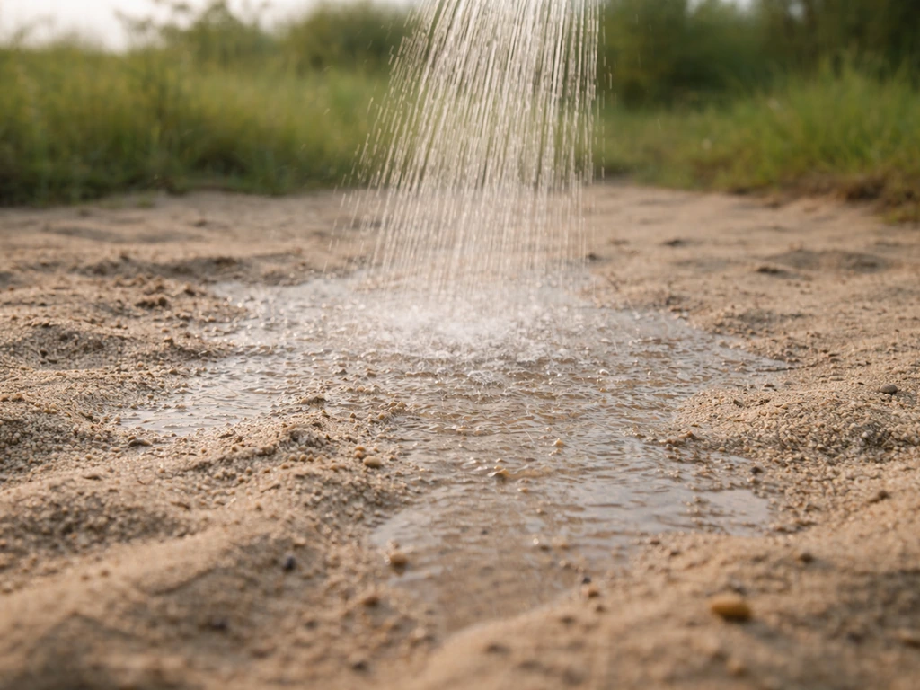 Jardin au sol sableux, jet d’eau du matin diluant le sel, sable bien visible au premier plan.
