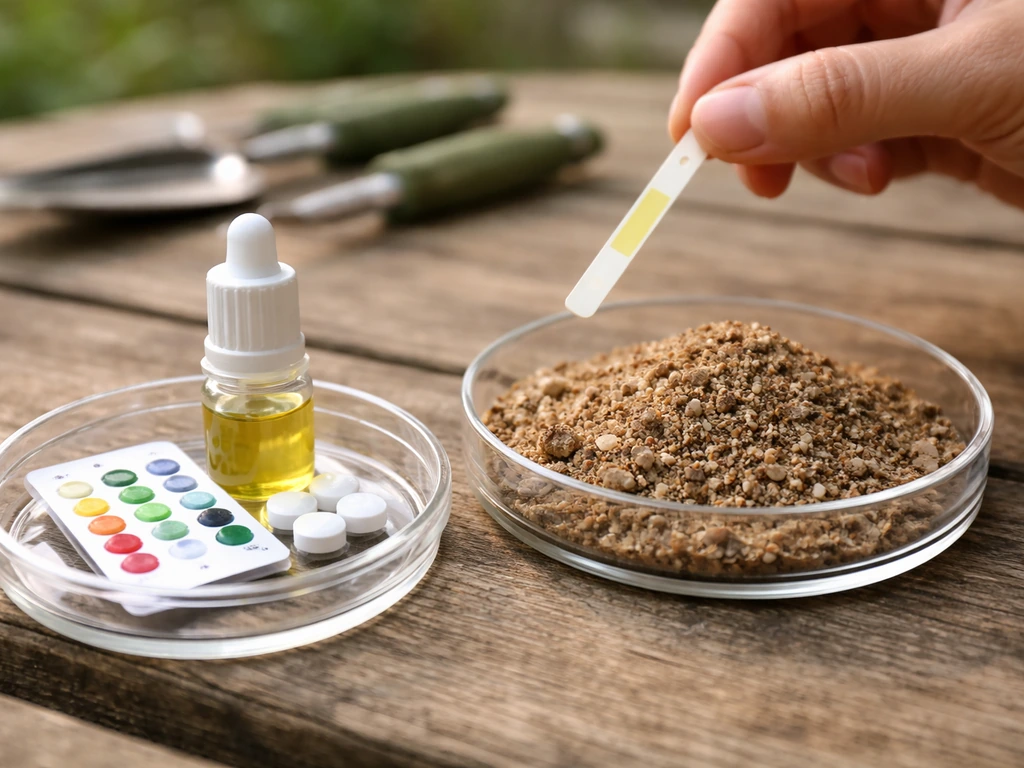 Gros plan d’un kit de mesure du pH et d’un échantillon de terre sableuse pour gazon vert.