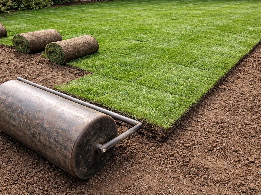 Pose de pelouse en rouleaux : rouleau compresse le sol nivelé, terre végétale visible, extérieur jardin.