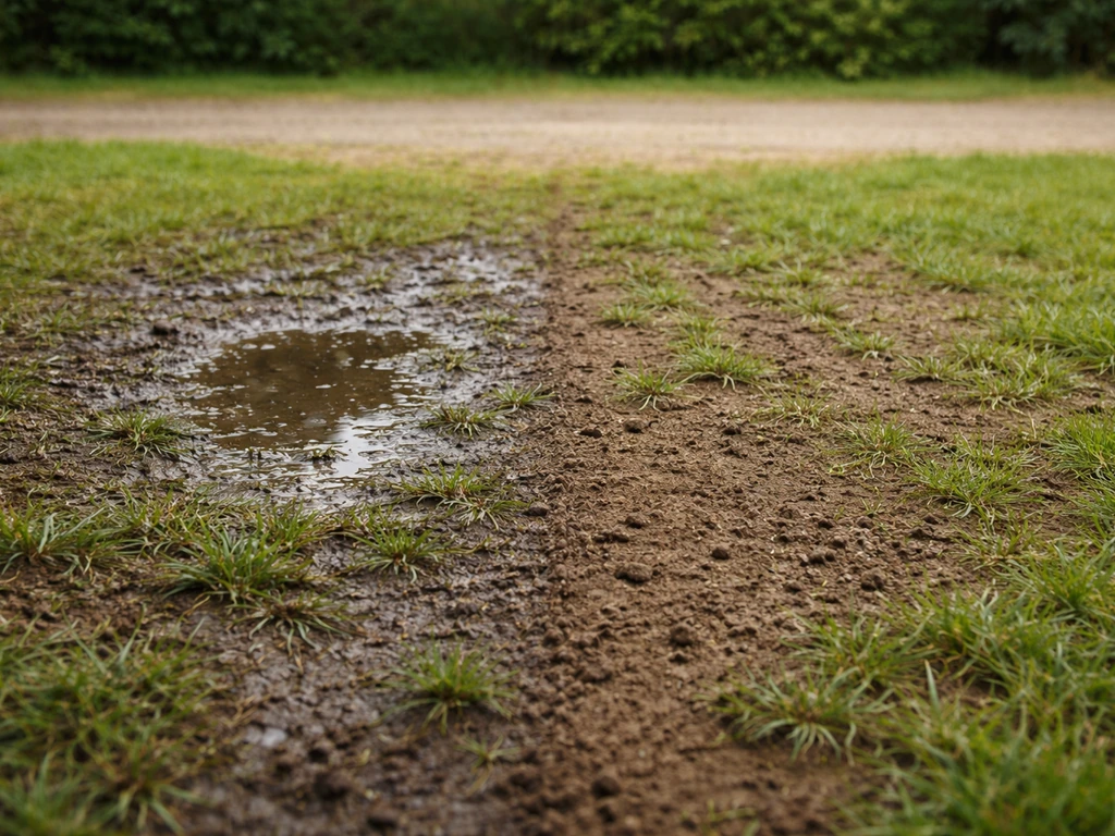Deux micro-parcelles de camping : flaque à gauche et sol aéré à droite, après la pluie.