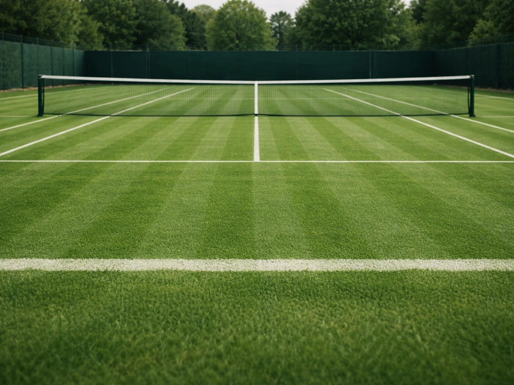Court de tennis sur gazon naturel très bien entretenu, lignes nettes et filet au centre, sans personnes.