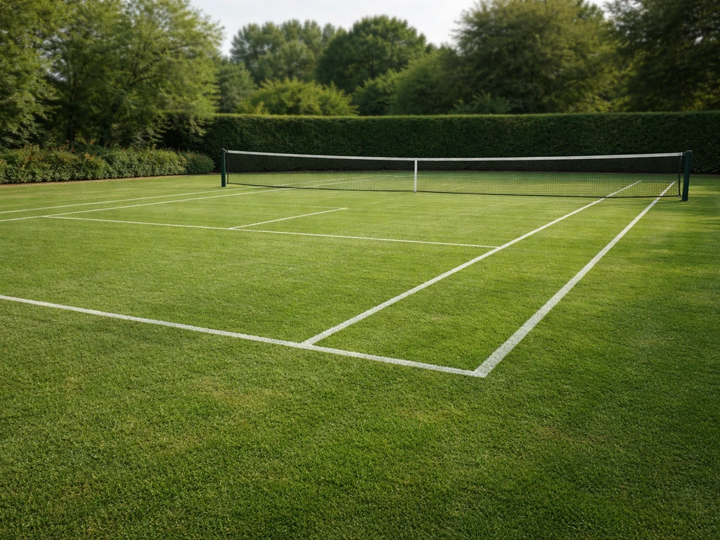 Vue d’un court de tennis en gazon naturel, gazon dense et bien tondu, lignes nettes, terrain nivelé, sans foule.