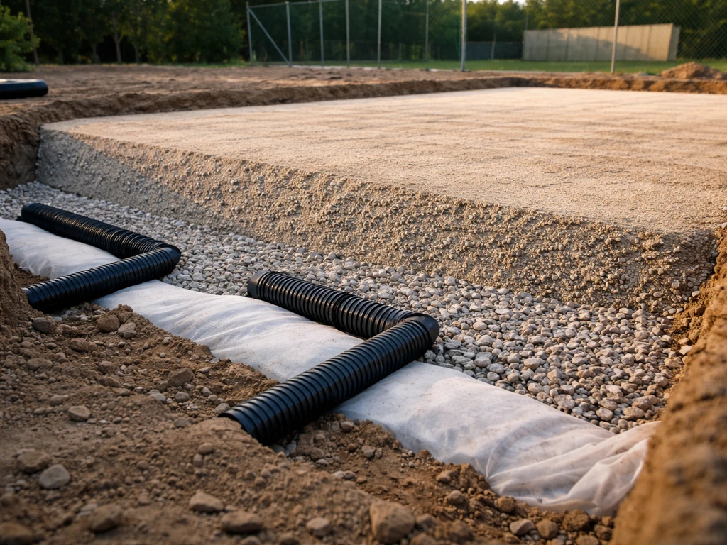Chantier d’un court en gazon : vue rapprochée du drainage et de la structure du sol avant la pose