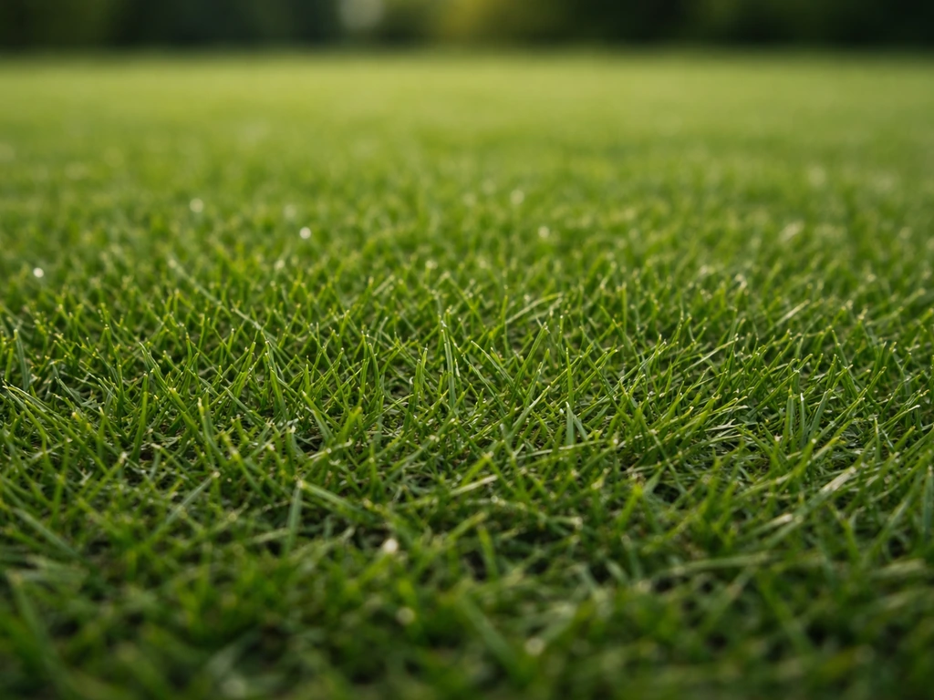 Gros plan de brins de gazon dense et fin, tonte très basse, texture prête pour un court de tennis.