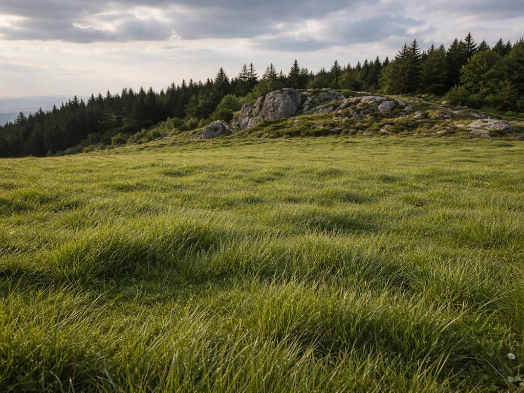 Pelouse de montagne verdoyante des Vosges avec rochers granitiques en arrière-plan, ambiance naturelle et durable.