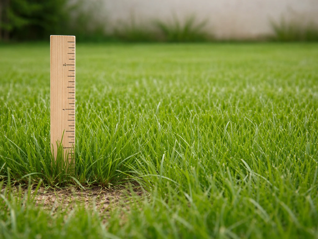 Jardin avec une pelouse tondue à hauteur idéale, avec une règle au sol comme repère de hauteur