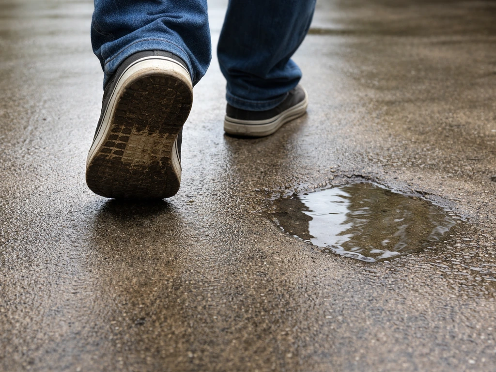 Personne marchant sur un sol de terrasse, zones dures au talon et eau stagnante après la pluie, drainage à diagnostiquer