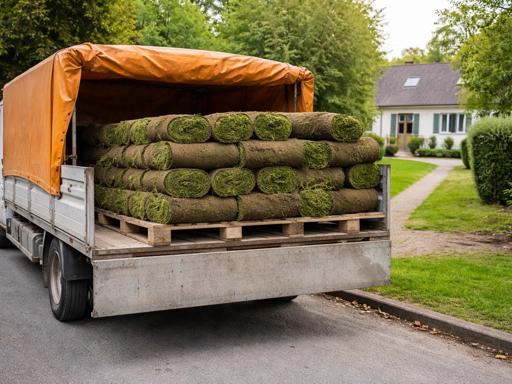 Camion avec rouleaux de gazon bâchés livrant à une propriété près de Marcoussis depuis Paris