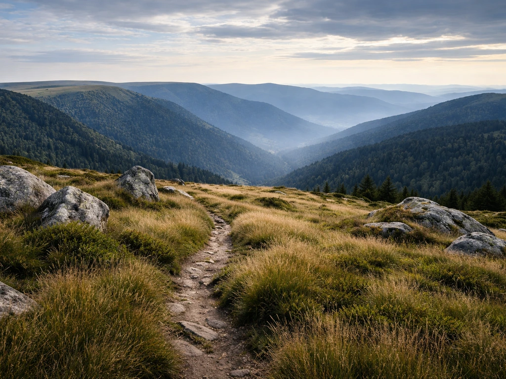 Panorama des hautes chaumes du Gazon du Faing depuis le col de la Schlucht, crêtes des Vosges au loin.
