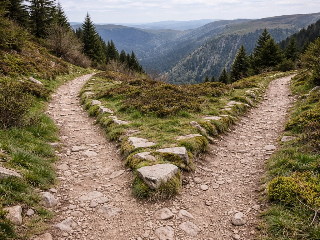 Rando au Col de la Schlucht avec traces au sol symbolisant aller-retour vs boucle vers le Gazon du Faing.
